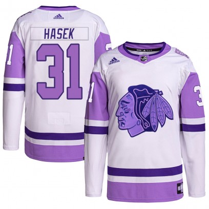 Youth Authentic Chicago Blackhawks Dominik Hasek Adidas Hockey Fights Cancer Primegreen Jersey - White/Purple