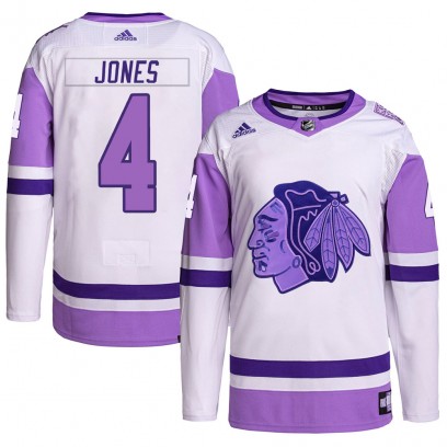 Youth Authentic Chicago Blackhawks Seth Jones Adidas Hockey Fights Cancer Primegreen Jersey - White/Purple