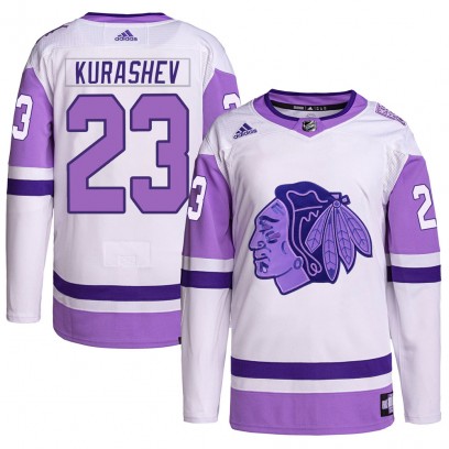 Youth Authentic Chicago Blackhawks Philipp Kurashev Adidas Hockey Fights Cancer Primegreen Jersey - White/Purple