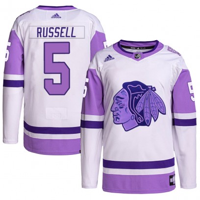 Youth Authentic Chicago Blackhawks Phil Russell Adidas Hockey Fights Cancer Primegreen Jersey - White/Purple