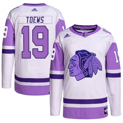 Youth Authentic Chicago Blackhawks Jonathan Toews Adidas Hockey Fights Cancer Primegreen Jersey - White/Purple