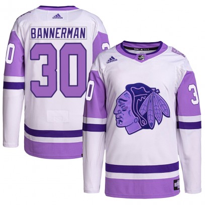 Men's Authentic Chicago Blackhawks Murray Bannerman Adidas Hockey Fights Cancer Primegreen Jersey - White/Purple
