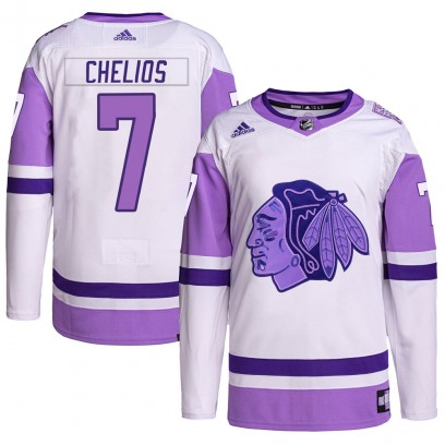 Men's Authentic Chicago Blackhawks Chris Chelios Adidas Hockey Fights Cancer Primegreen Jersey - White/Purple