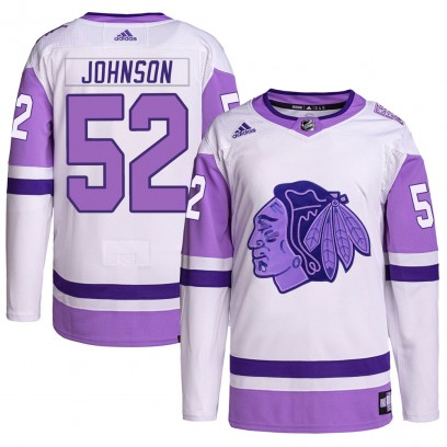 Men's Authentic Chicago Blackhawks Reese Johnson Adidas Hockey Fights Cancer Primegreen Jersey - White/Purple