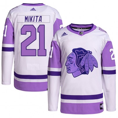 Men's Authentic Chicago Blackhawks Stan Mikita Adidas Hockey Fights Cancer Primegreen Jersey - White/Purple