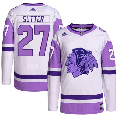 Men's Authentic Chicago Blackhawks Darryl Sutter Adidas Hockey Fights Cancer Primegreen Jersey - White/Purple