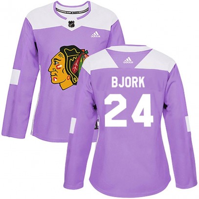 Women's Authentic Chicago Blackhawks Anders Bjork Adidas Fights Cancer Practice Jersey - Purple