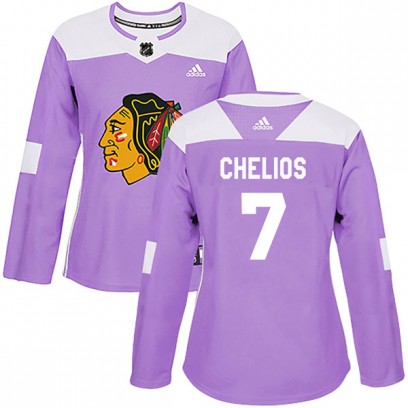 Women's Authentic Chicago Blackhawks Chris Chelios Adidas Fights Cancer Practice Jersey - Purple