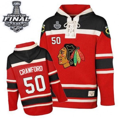 Youth Premier Chicago Blackhawks Corey Crawford Old Time Hockey Sawyer Hooded Sweatshirt 2015 Stanley Cup Patch - Red